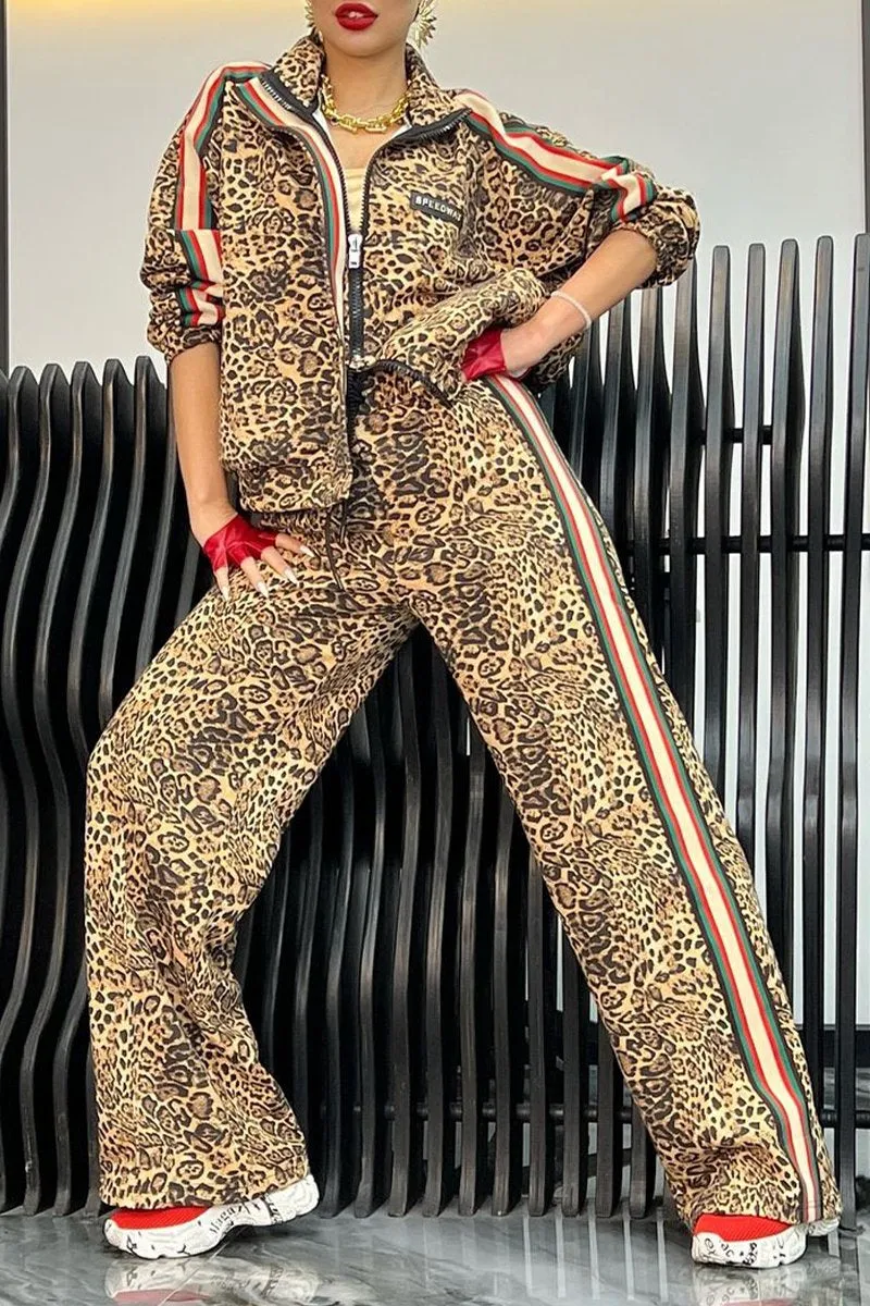 Women's Leopard Print Zip-up Jacket Leopard Print Pant Suit